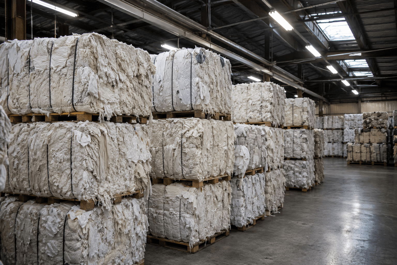 Pallets of compressed industrial wiping rag bales in the Salvage Trading warehouse